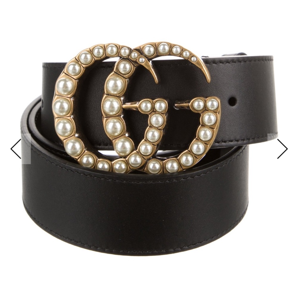 Gucci Black Belt with Gold Pearl Logo
